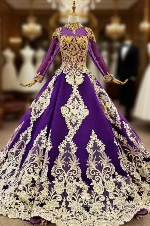 Dark Purple Ball Gowns Tulle Long Sleeve High Neck Wedding Dress Main image