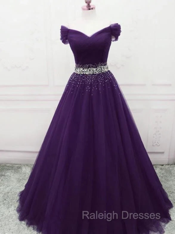 Dark Purple Beaded Tulle Off Shoulder Party Dress Purple Junior Prom Dresses prom dresses shops Secondary image