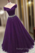 Dark Purple Beaded Tulle Off Shoulder Party Dress Purple Junior Prom Dresses prom dresses shops