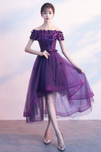 Dark Purple High Low Cute Off Shoulder Homecoming Dresses Lovely Prom Dresses