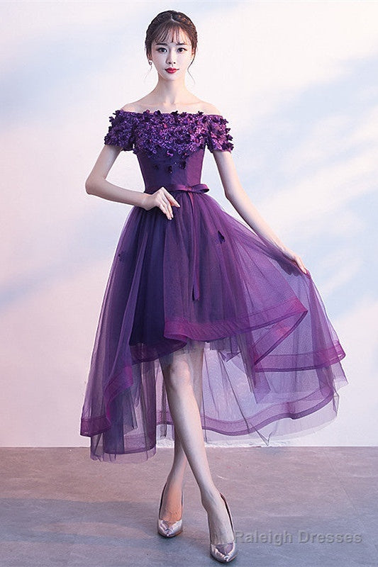 Dark Purple High Low Cute Off Shoulder Homecoming Dress , Lovely Formal Dress