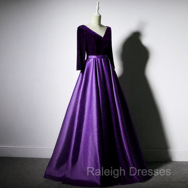 Dark Purple Long Sleeves V Neckline Velvet and satin Long Prom Dress