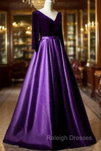 Dark Purple Long Sleeves V-neckline Velvet and satin Long Party Dress, Long Evening Dress Prom Dress
