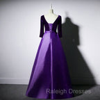 Dark Purple Long Sleeves V Neckline Velvet and satin Long Prom Dress, Long Prom Dress