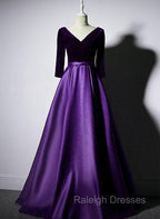 Dark Purple Long Sleeves V Neckline Velvet and satin Long Prom Dress, Long Prom Dress