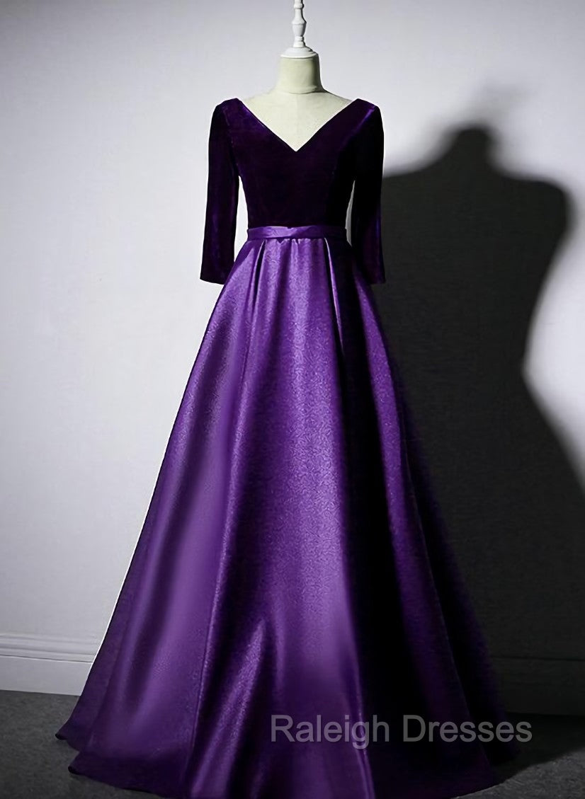 Dark Purple Long Sleeves V Neckline Velvet and satin Long Prom Dress, Long Prom Dress