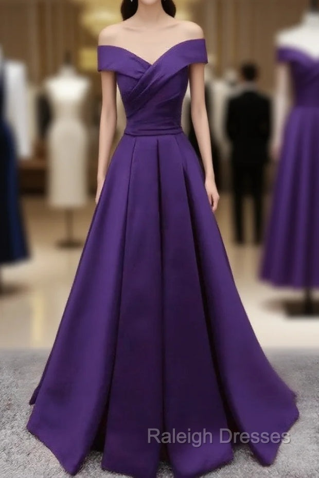 Dark Purple Off Shoulder Satin Long Formal Gown, Prom Dresses Main image
