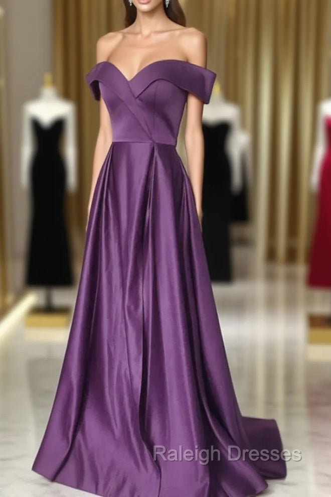 Dark Purple Satin Off Shoulder Long Formal Dress, Purple Evening Dress Prom Dress Main image