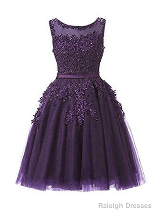 Dark Purple Short Prom Dress, Tulle Prom Dress, Applique Homecoming Dress Main image