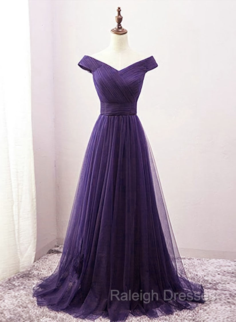 Dark Purple Sweetheart Tulle Off Shoulder Bridesmaid Dresses Long Prom Dresses Secondary image
