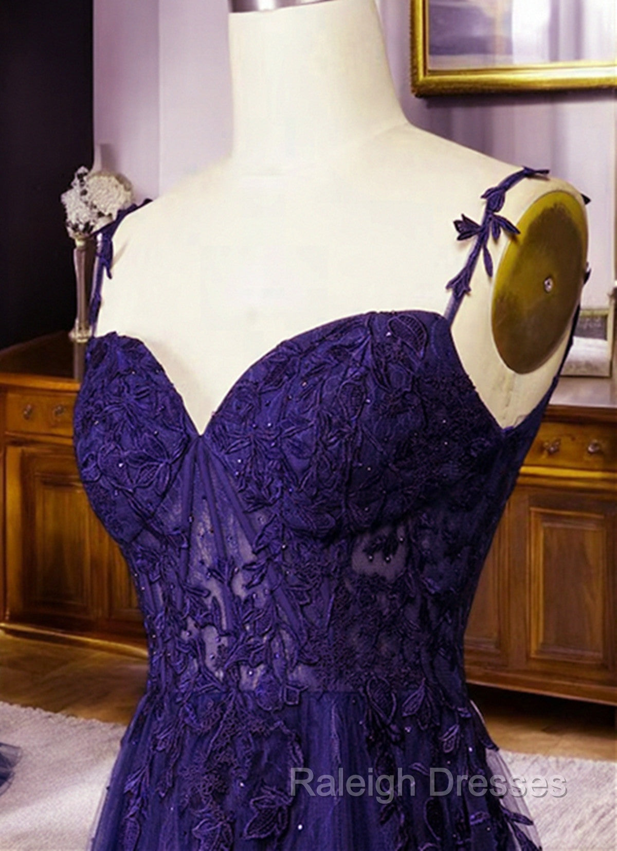 Dark Purple Sweetheart Tulle with Lace Straps Party Dress, Dark Purple Prom Dress Secondary image