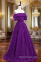 Dark Purple Tulle Off Shoulder Long Party Dress, A-line Purple Prom Dress