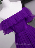 Dark Purple Tulle Off Shoulder Long Prom Dresses A Line Purple Prom Dresses