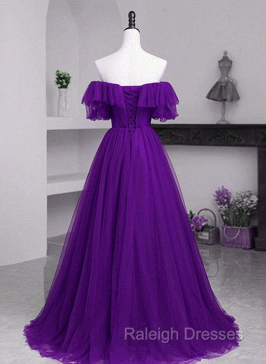 Dark Purple Tulle Off Shoulder Long Prom Dresses A Line Purple Prom Dresses