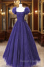 Dark Purple Tulle Sequins Puff Sleeve Pleats Prom Dress