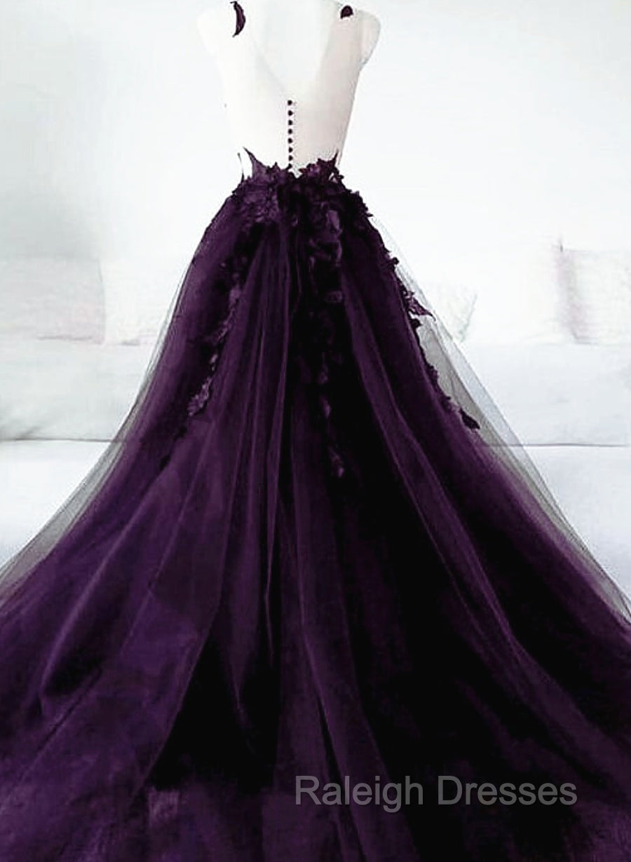 Dark Purple Tulle with Lace Applique Prom Dresses Purple Prom Dresses Secondary image