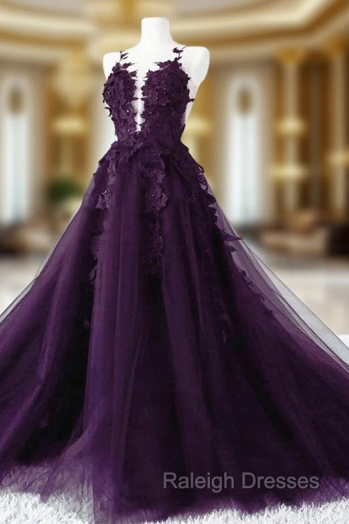 Dark Purple Tulle with Lace Applique Formal Dress, Purple Evening Dress Main image