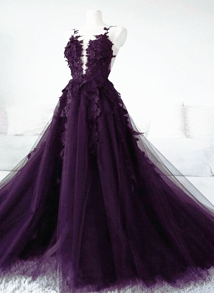 Dark Purple Tulle With Lace Applique Formal Dress, Purple Evening Dress Main image