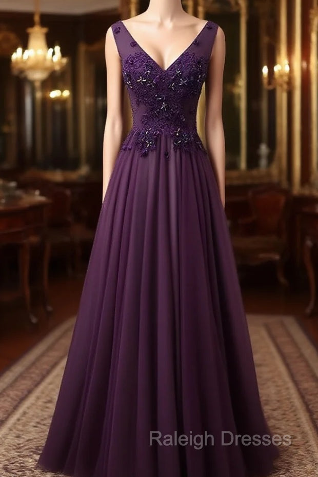 Dark Purple V-neckline Beaded Tulle Long Formal Dress Purple Evening Dress prom dresses shops