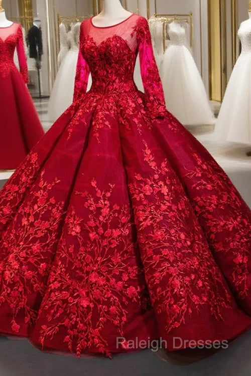 Dark Red Ball Gown Tulle Appliques Long Sleeve Backless Luxury Prom Dress Main image