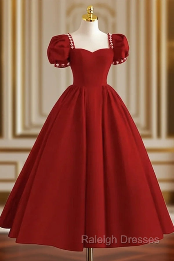 Dark Red Beaded Short Sleeves Tea Length Prom Dresses Dark Red Prom Dresseses Main image