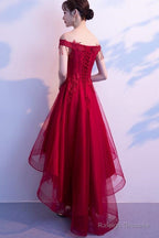 Dark Red High Low Dress, Beautiful Tulle And Lace Prom Dress, Formal Gown