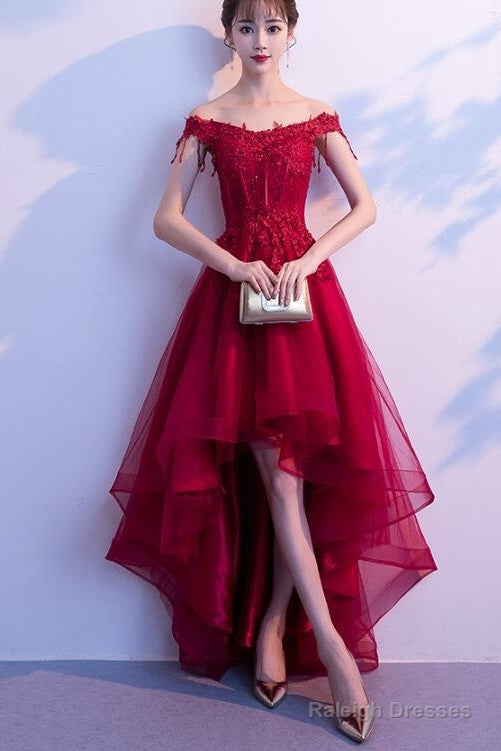 Dark Red High Low Dresses Beautiful Tulle And Lace Prom Dresses Prom Gowns Main image