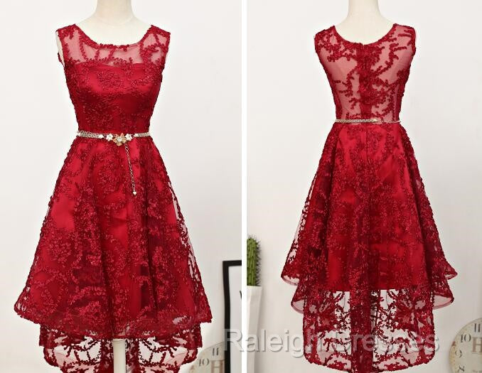 Dark Red High Low Lace Party Dress Homecoming Dress, Red Short Prom Dress Secondary image