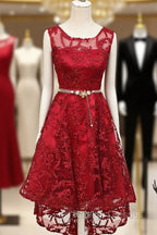 Dark Red High Low Lace Prom Dress Homecoming Dress, Red Short Prom Dress