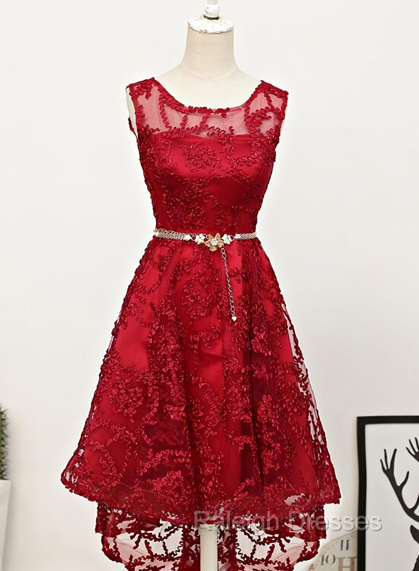 Dark Red High Low Lace Prom Dress Homecoming Dress, Red Short Prom Dress Main image