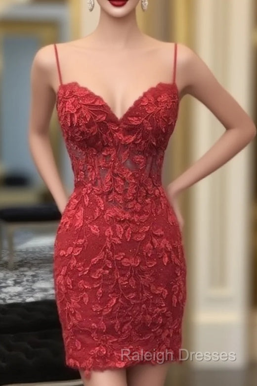 Dark Red Homecoming Dress, Corset Tight Short Mini Dress with Appliques Main image