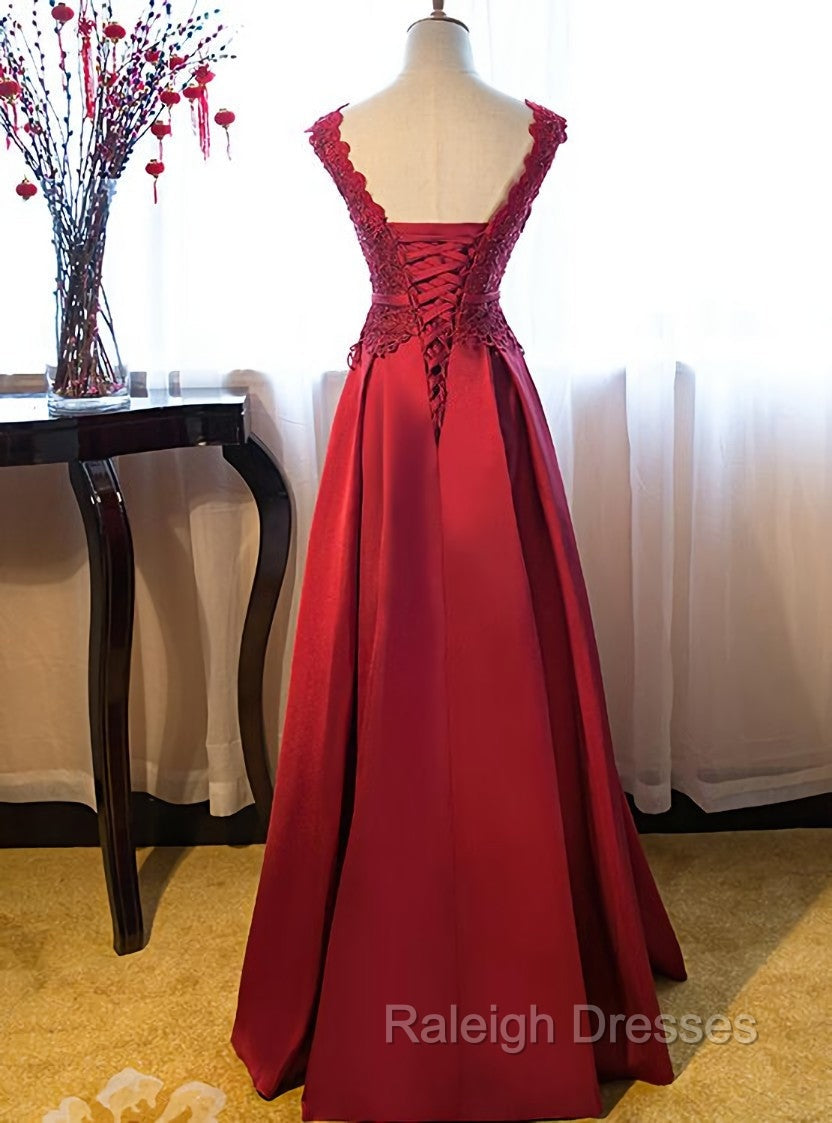 Dark Red Lace Long Junior Prom Dress, Lace Top Party Dress Secondary image
