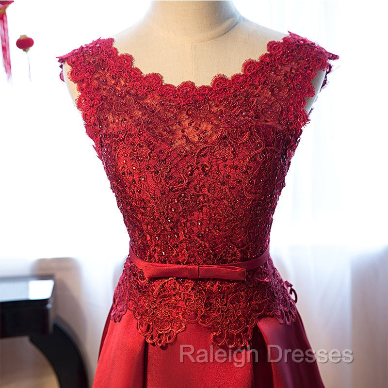 Dark Red Lace Long Junior Prom Dress, Lace Top Party Dress