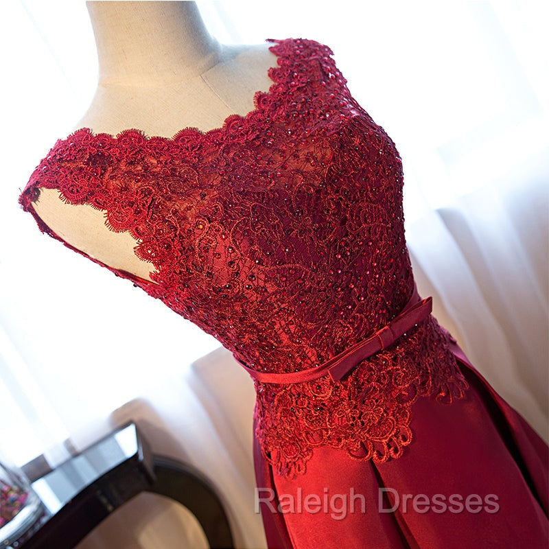 Dark Red Lace Long Junior Prom Dress, Lace Top Prom Dress
