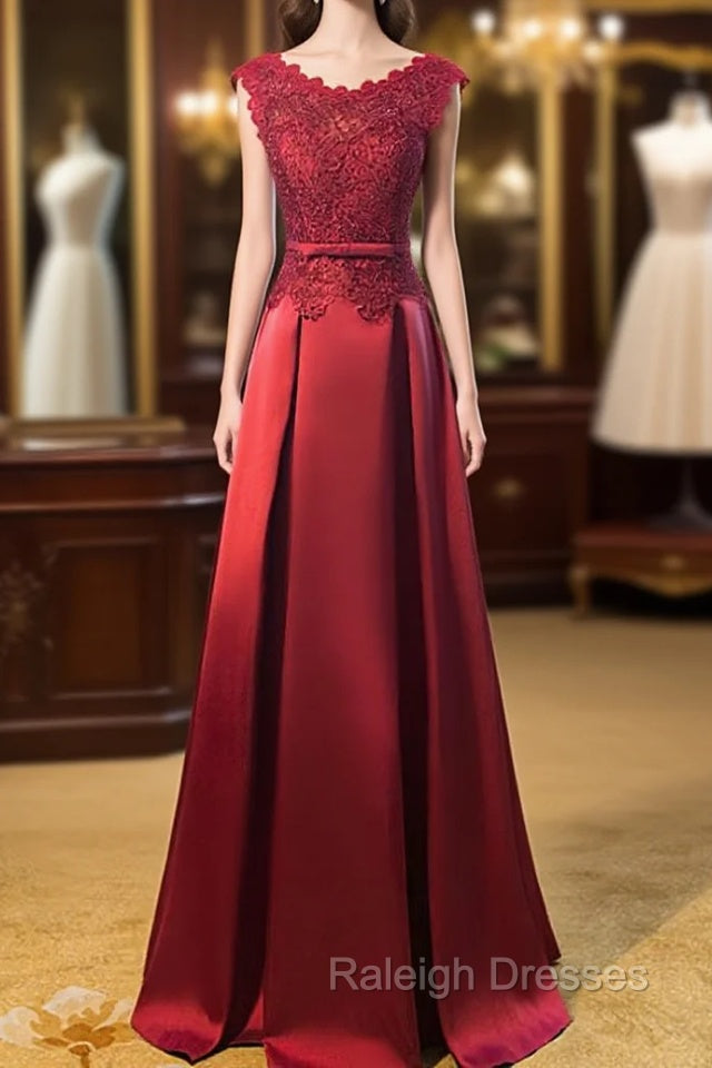 Dark Red Lace Long Junior Prom Dress, Lace Top Party Dress