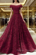 Dark Red Lace Off Shoulder Bridesmaid Dress, Long Prom Dress