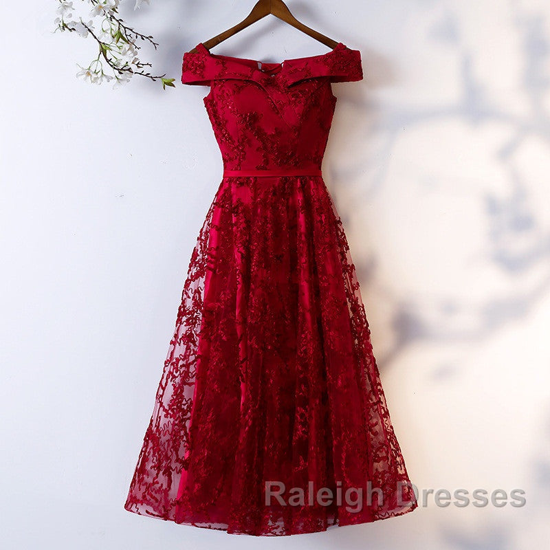 Dark Red Lace Off Shoulder Short Party Dress Formal Dress, Wine Red Homecoming Dresses