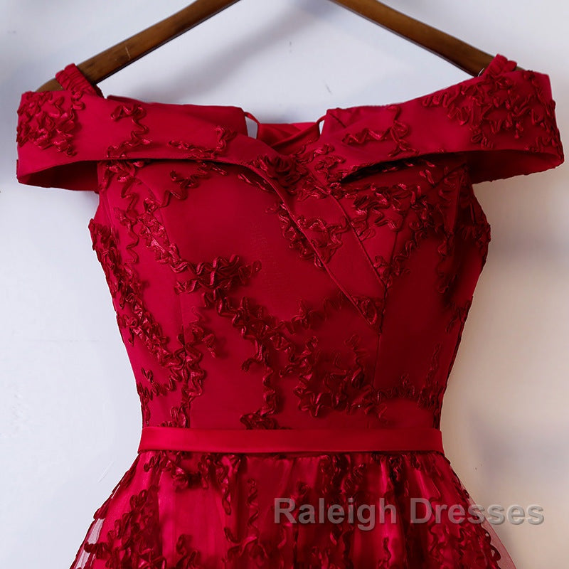 Dark Red Lace Off Shoulder Short Party Dress Formal Dress, Wine Red Homecoming Dresses