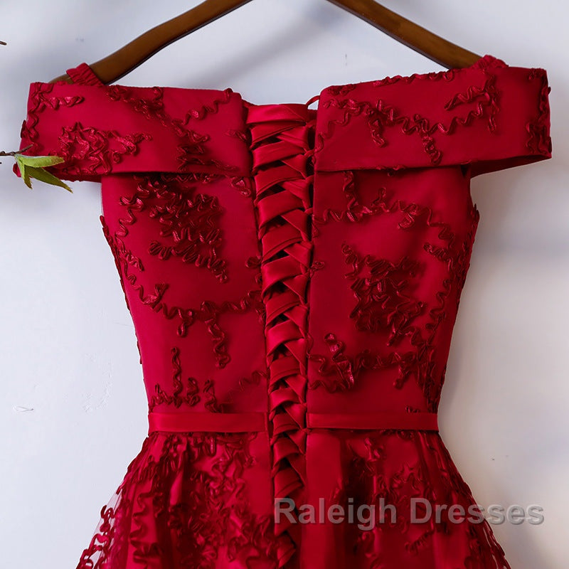 Dark Red Lace Off Shoulder Short Prom Dresseses Wine Red Homecoming Dress