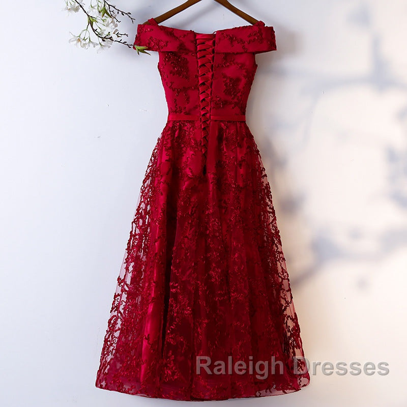 Dark Red Lace Off Shoulder Short Prom Dresseses Wine Red Homecoming Dress