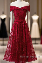 Dark Red Lace Off Shoulder Short Prom Dresseses Wine Red Homecoming Dress