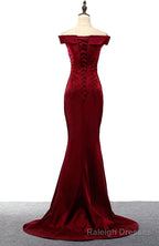 Dark Red Mermaid Satin Long Prom Dress, Off Shoulder Prom Dress