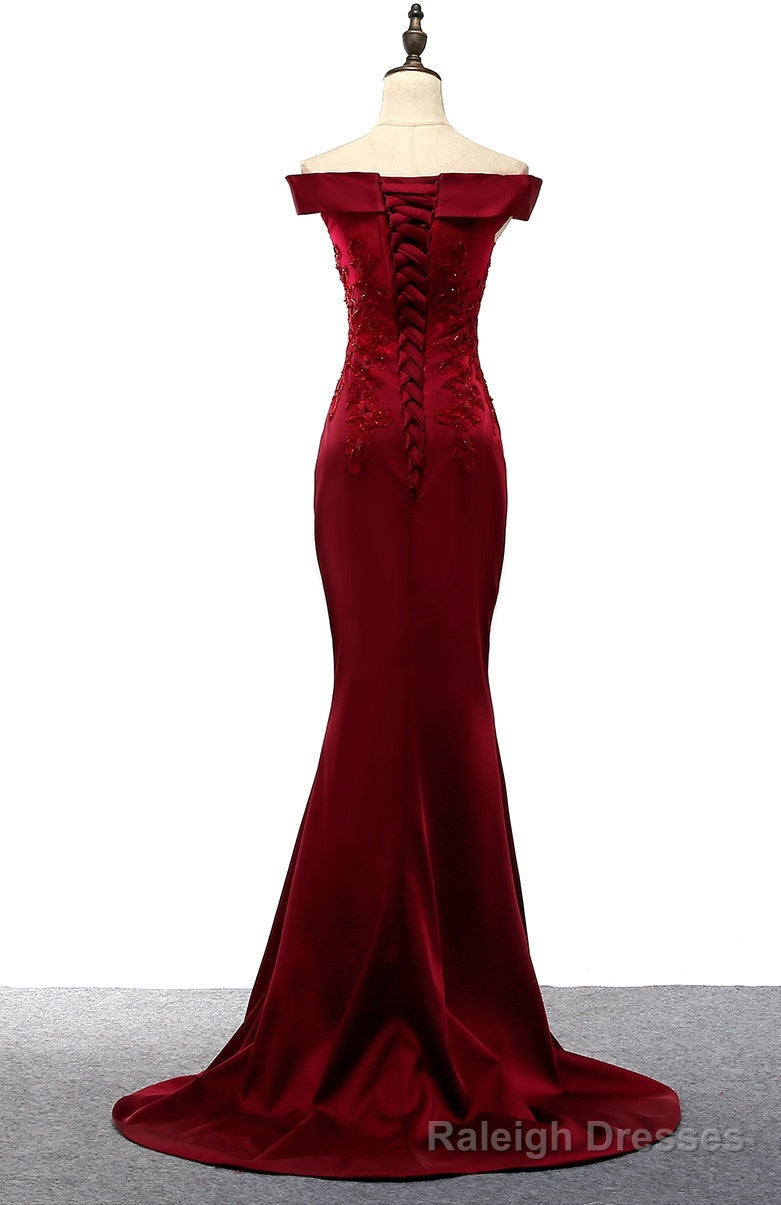 Dark Red Mermaid Satin Long Prom Dress, Off Shoulder Prom Dress