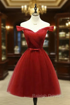 Dark Red Off the Shoulder Tulle Knee Length Party Dress, Red Homecoming Dress