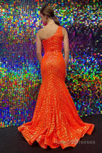 Dark Red One Shoulder Sequined Mermaid Prom Dress