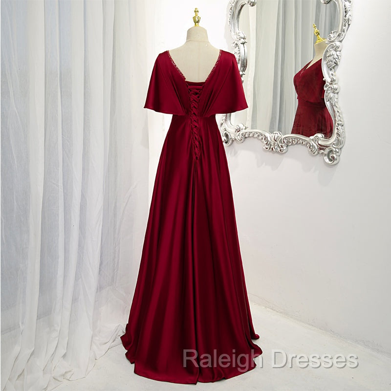 Dark Red Satin A-line Floor Length Evening Dress, Wine Red Wedding Party Dresses