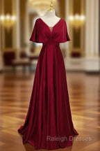 Dark Red Satin A-line Floor Length Evening Dress, Wine Red Wedding Party Dresses