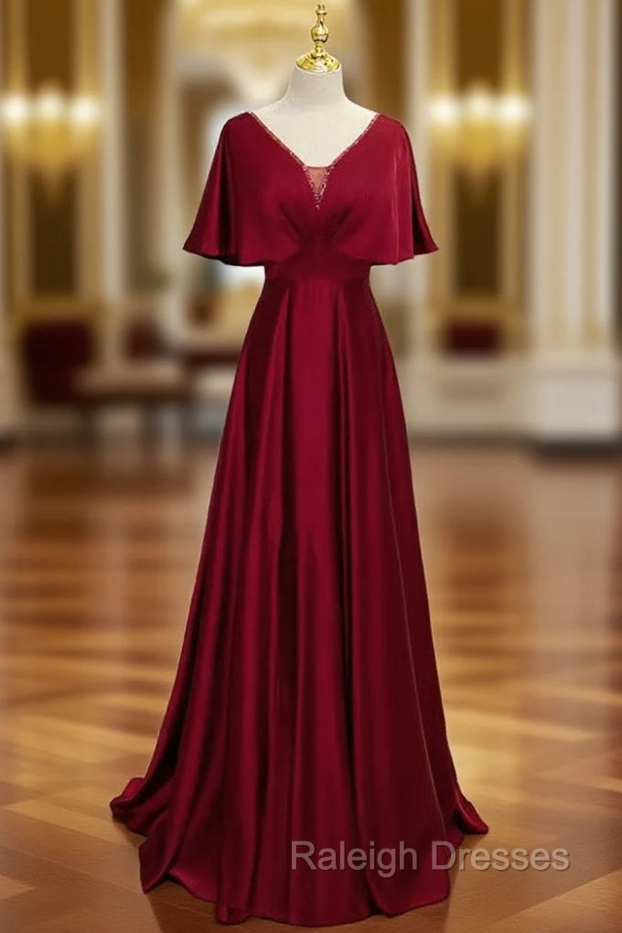 Dark Red Satin A-line Floor Length Evening Dress, Wine Red Wedding Party Dresses