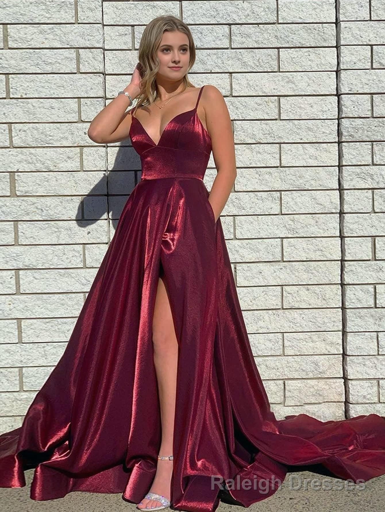 Dark Red Satin A Line Tight Long Prom Dress With Slit Main image