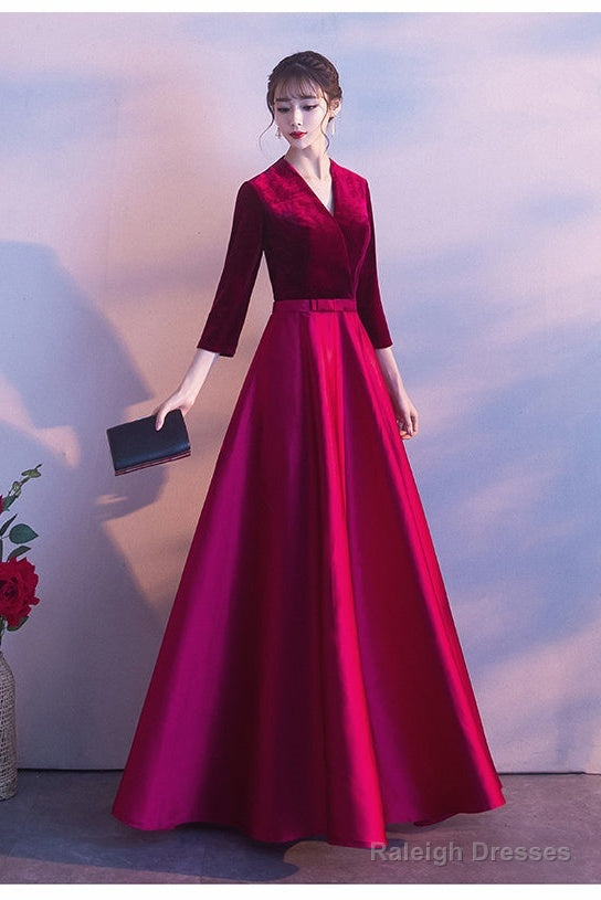 Dark Red Satin And Velvet Simple Long Wedding Party Dress, Dark Red Evening Dresses Prom Dresses Secondary image